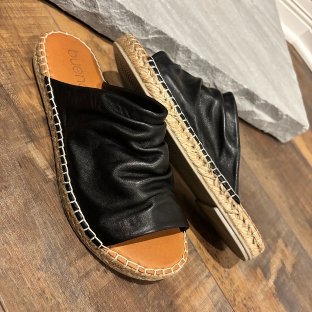 Bueno Nice Women Sz 40 US 9.5/10 Ruched Black Leather Slip on Espadrille Sandals
